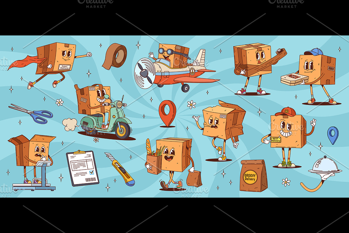 Cartoon groovy parcel box characters, a Transportation Illustration by Buch&Bee (Photo 2 of 3)