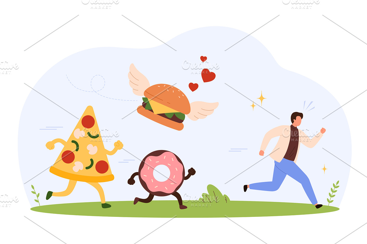 Man Escaping Junk Food Temptation, a Food Illustration by Flashvector