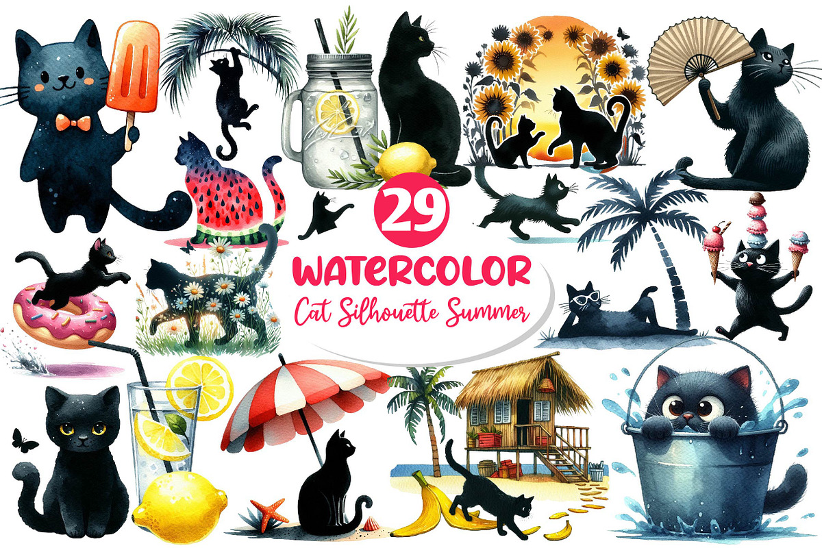 Cat Silhouette Summer Clipart, an Illustration by Dream Creation (Photo 1 of 6)