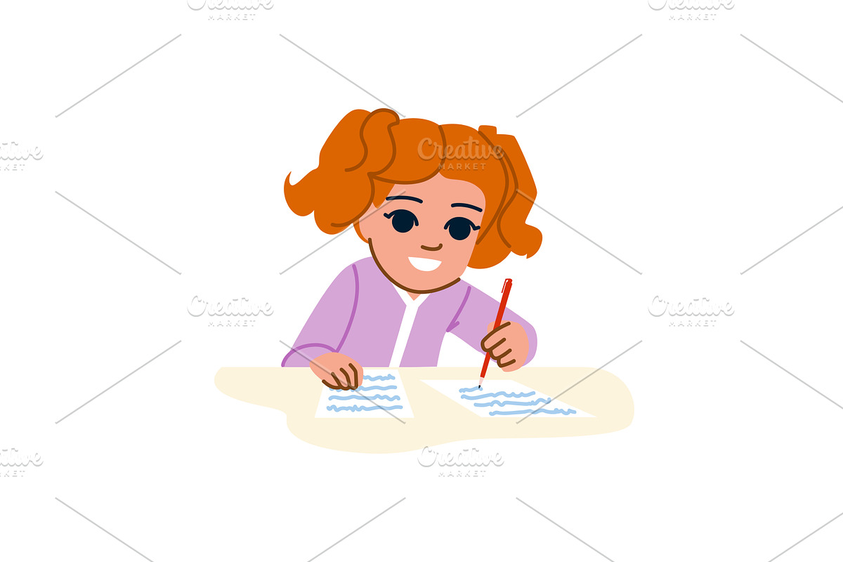 Smiling schoolgirl writing on paper, an Object Illustration by pikepicture