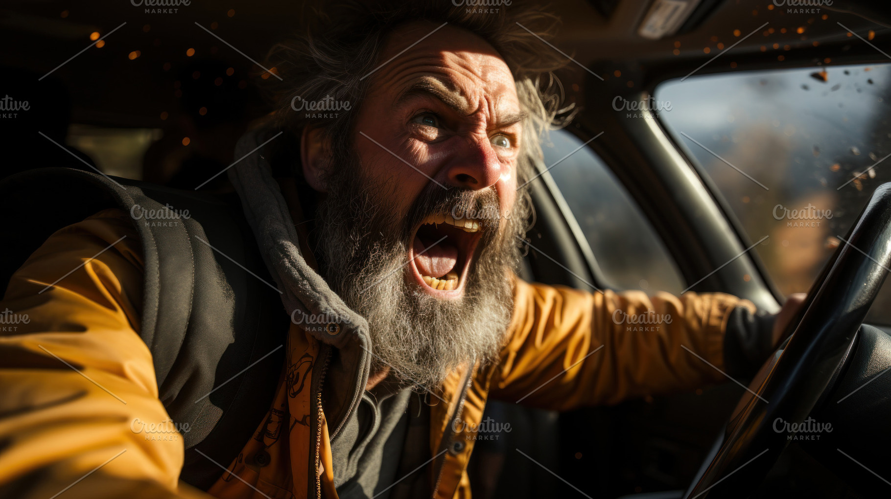 Portrait of angry senior man driving truck and shouting while ac, a Transportation Photo by AS photostudio