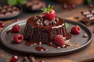 Delicious chocolate lava cake topped with fresh strawberries and, a Food & Drink Photo by ImageMir