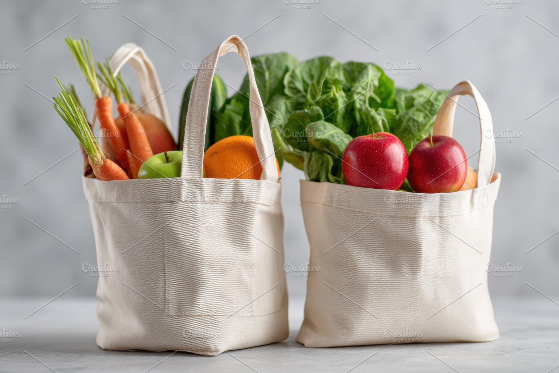 Fresh fruits and vegetables in reusable bags, a Food & Drink Photo by AlyaAnd
