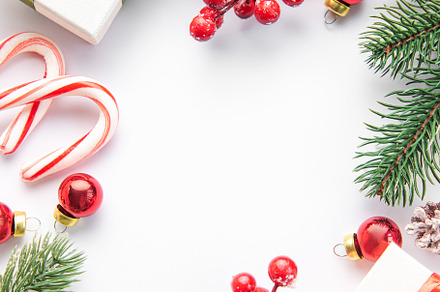 Christmas background with fir tree and decor. Top view with copy, a Holiday Photo by Olena Rudo