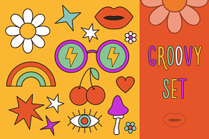 Groovy Retro Icon Set In 60s, 70s