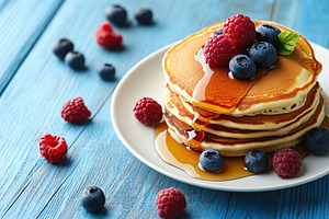 Stack of fluffy pancakes topped with fresh blueberries and raspberries on a blu, a Food & Drink Photo by AlyaAnd