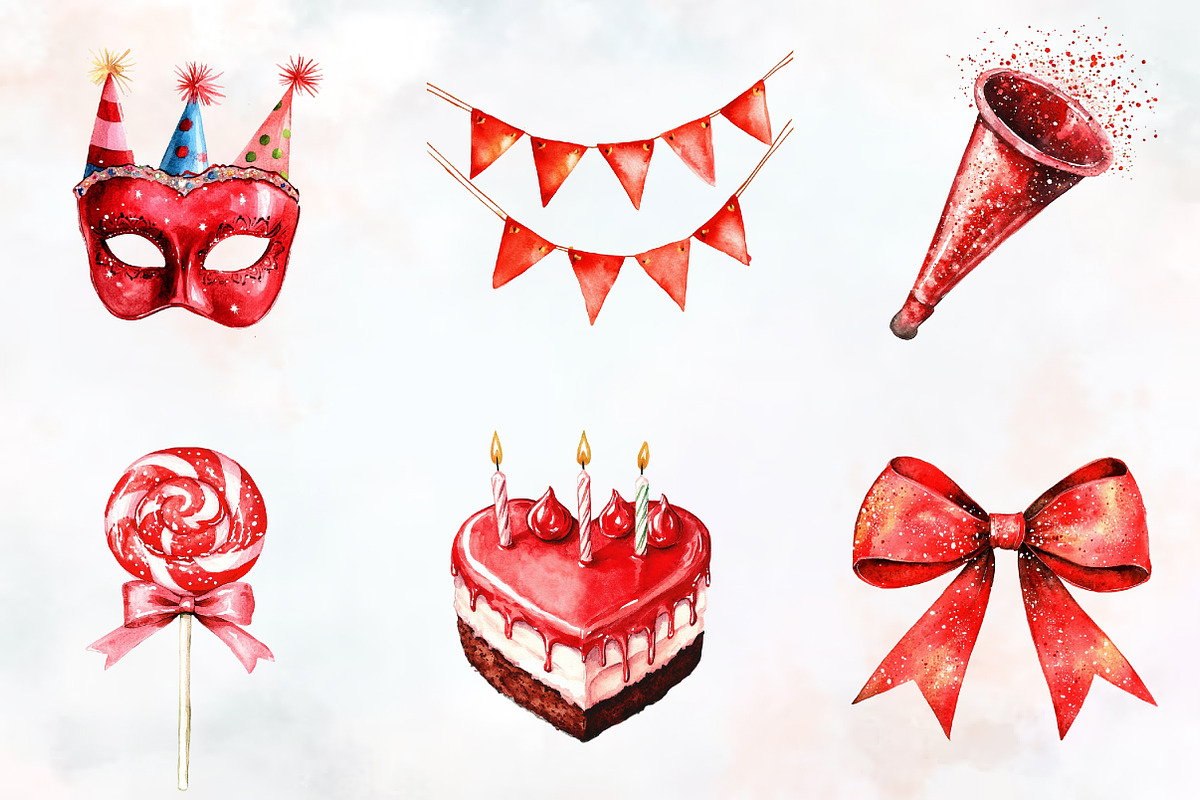 Red Birthday Watercolor Cliparts, an Illustration by RobertsArt (Photo 3 of 7)