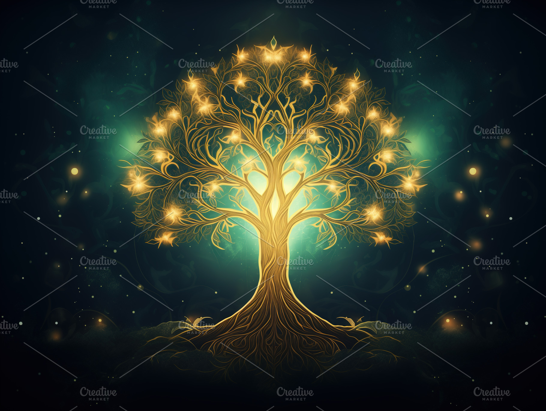 Ornate spirit tree with glowing golden flowers, on sparkling bla, a Nature Photo by Studio Light & Shade