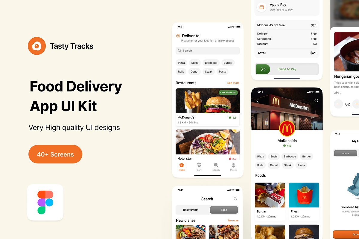 Food App UI Kit – 40+ Figma Screens, an App Template by Trilo designs (Photo 1 of 5)