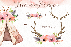 Tribal & Flower Watercolor Clipart