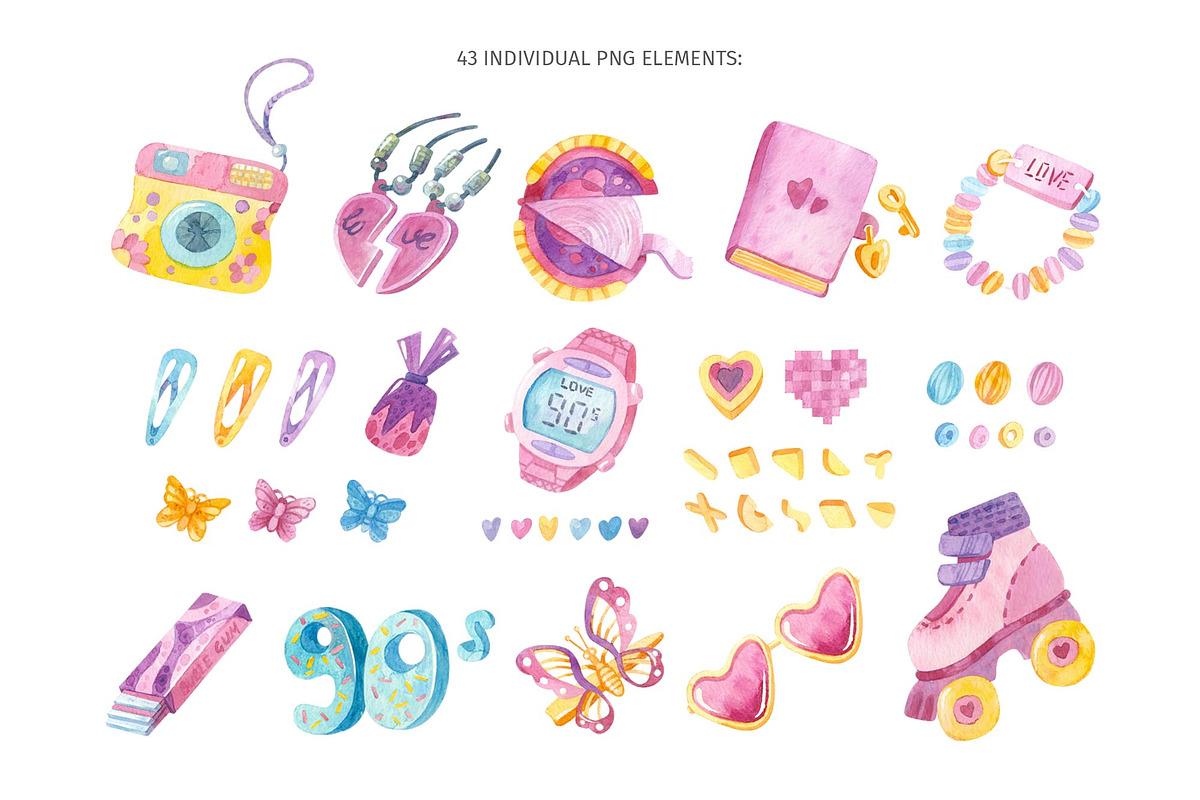 90s Watercolor clipart, patterns, a Decorative Illustration by Valin Malin (Photo 2 of 14)