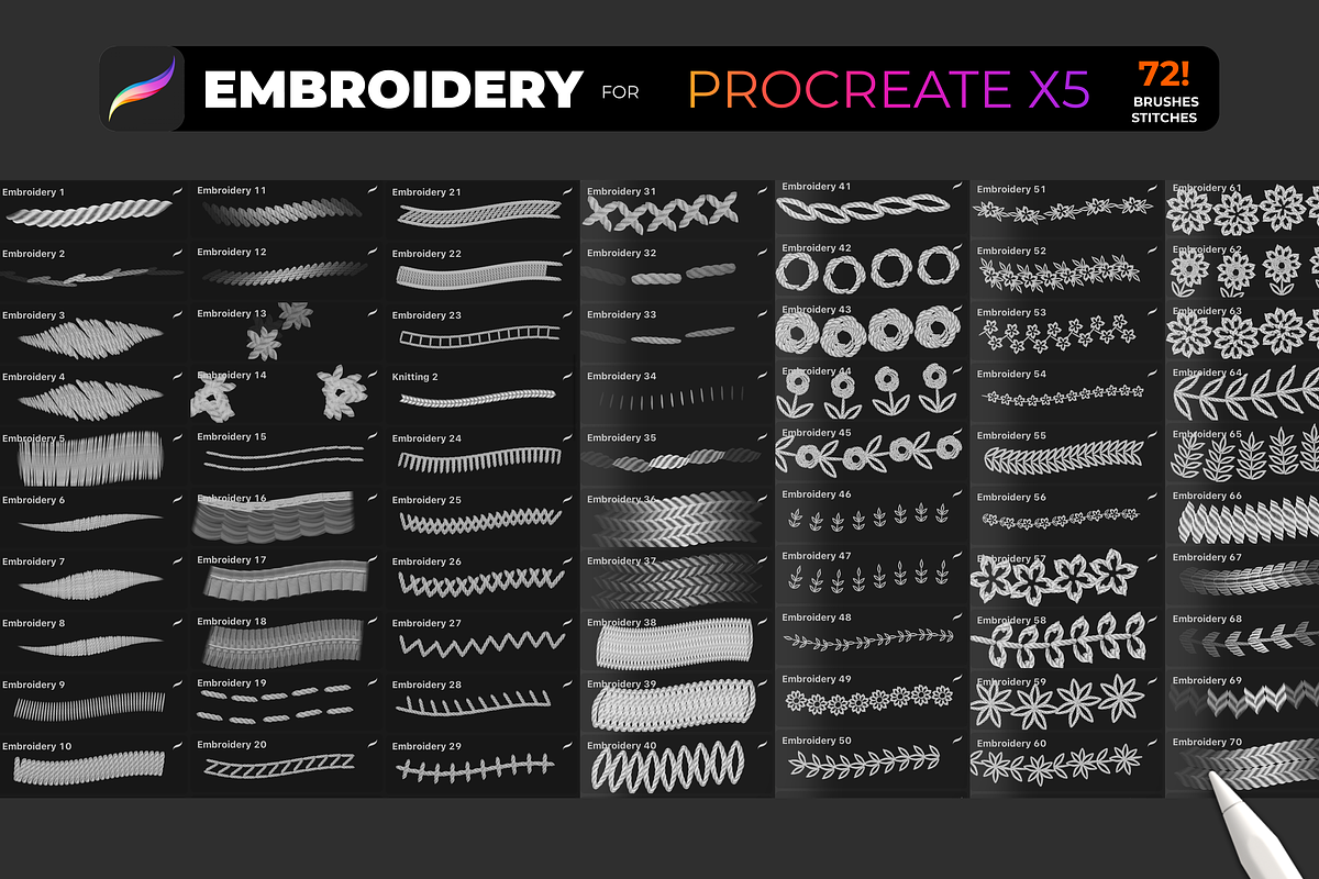 72 Brush-stitch Embroidery PROCREATE, a Brush Add-On by Graphics Resources (Photo 5 of 11)
