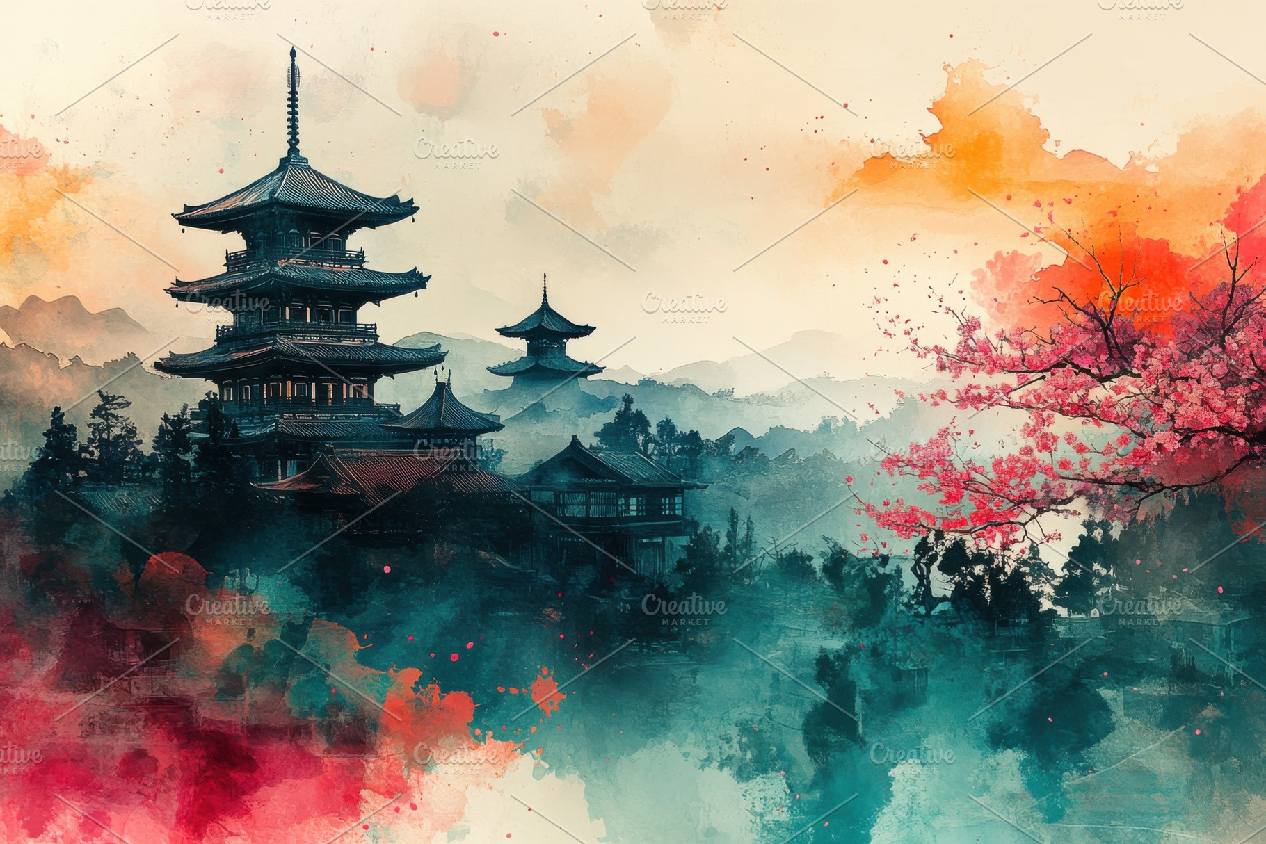 Japanese temple watercolor painting, a Photo by Pixeness Studio