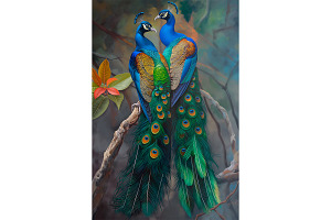 Peacock Pair with Lush Tail Art, an Animal Illustration by Art Paradise Studios