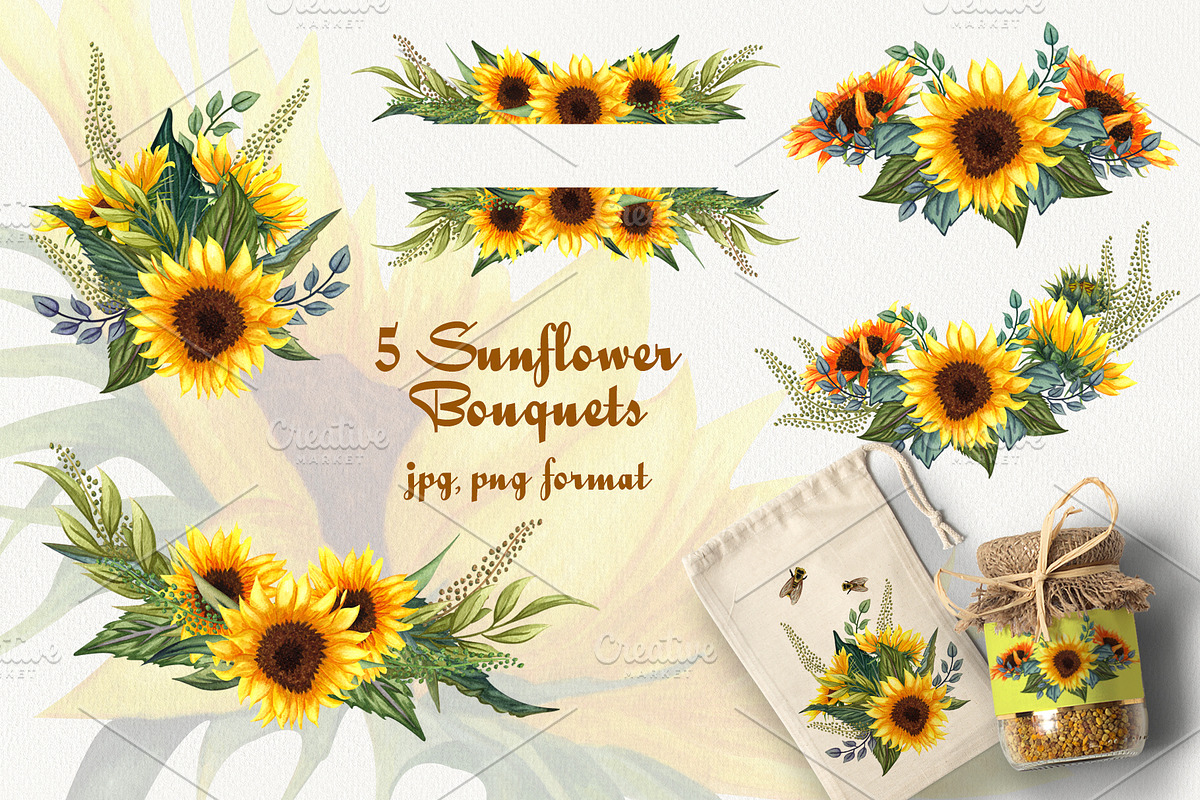 Sunflowers Watercolor Set, a Food Illustration by BarvArt (Photo 5 of 15)