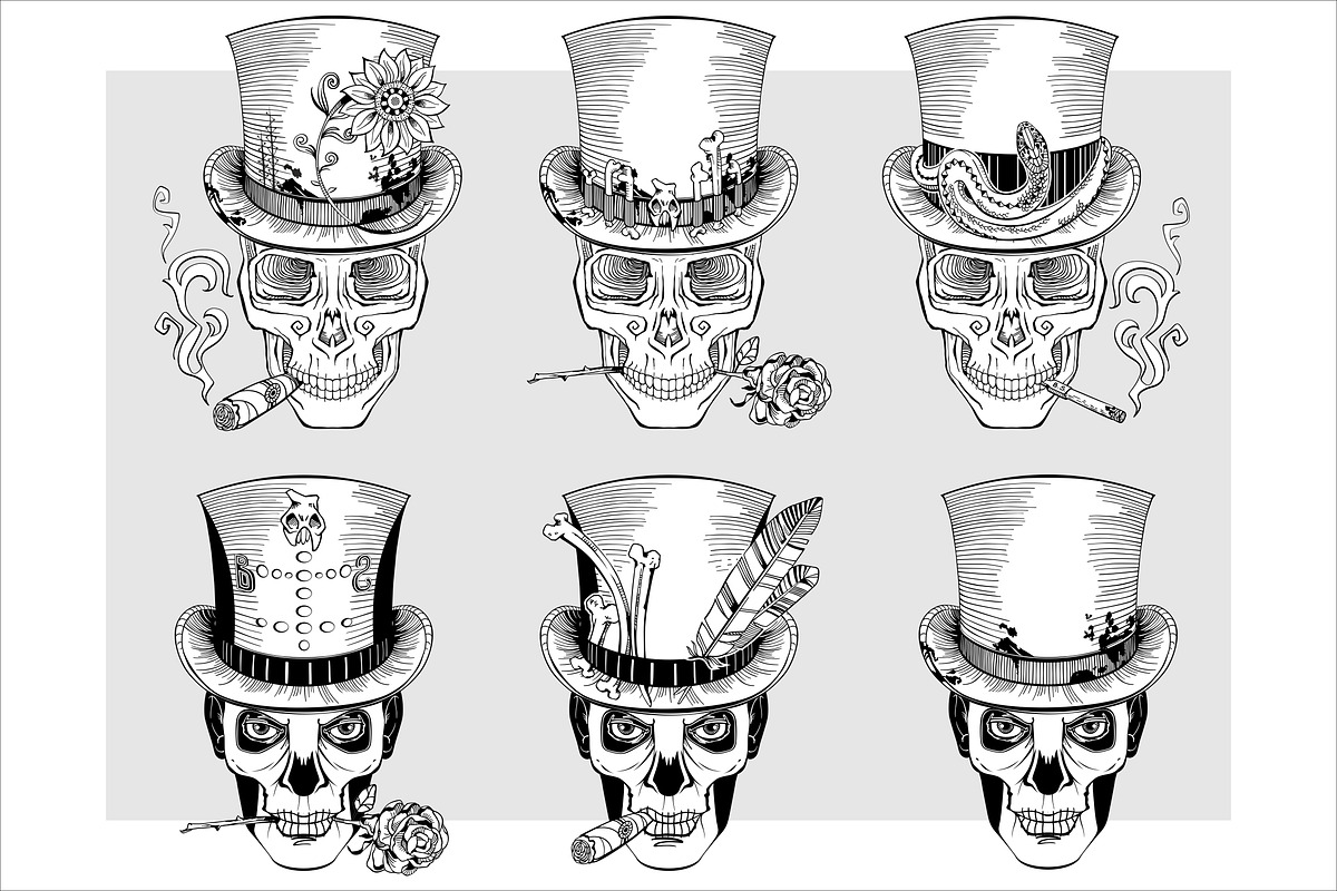 Set of skulls in top-hat|Vector, a Decorative Illustration by Red Spruce's Vector Shop (Photo 2 of 4)