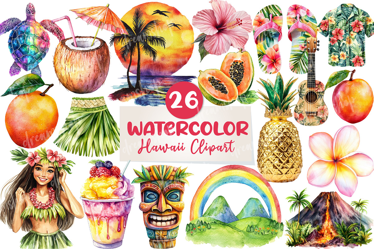 Watercolor Hawaii Clipart, an Illustration by CreationArt (Photo 1 of 5)