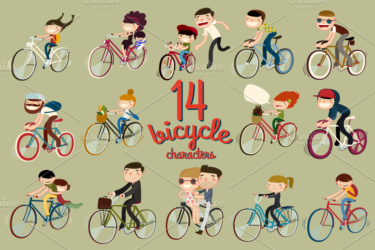 14 bicycle characters, a Person Illustration by hand draw