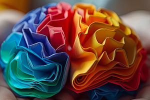 Colorful origami paper rolls in brain form at hands. Autism, mem, a Health & Medical Photo by AS photostudio