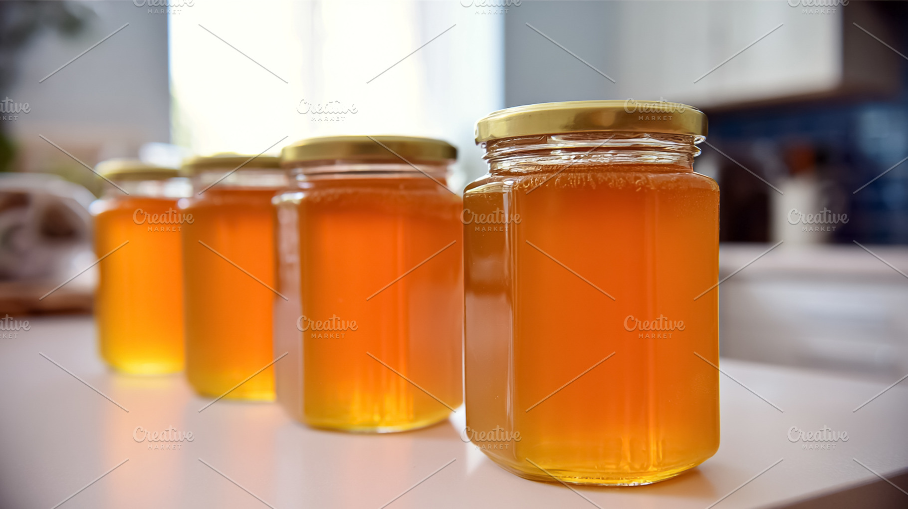 Row of natural honey jars with golden liquid standing on a white, a Photo by Studio ANNA