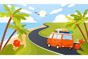Summer Road Trip Van by Ocean Coast, a Transportation Illustration by Flashvector