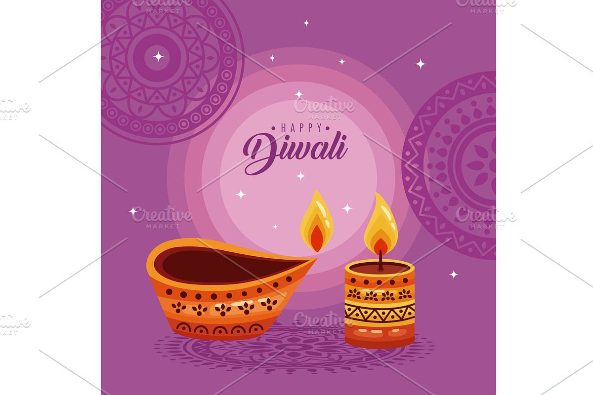 happy diwali lettering postcard, an Illustration by studiogstock