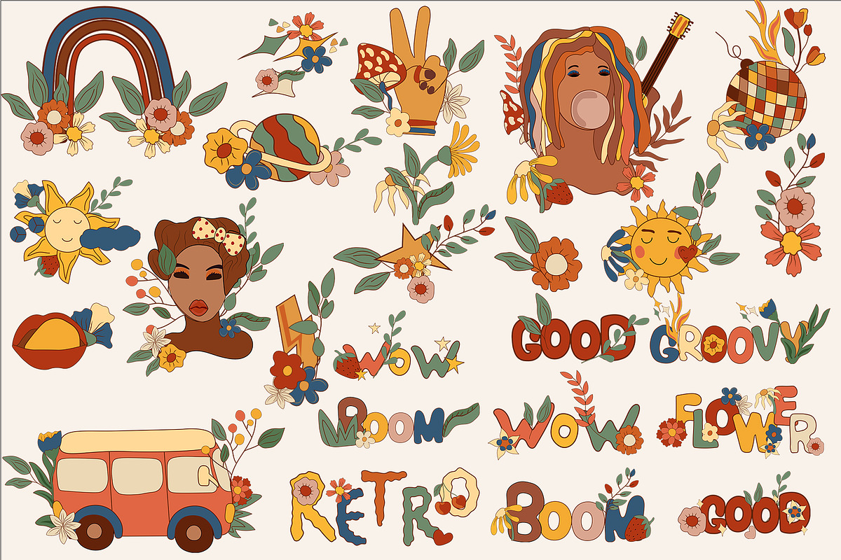POSITIVE RETRO, BOHO GROOVY CLIPART, a Decorative Illustration by Usis (Photo 10 of 20)