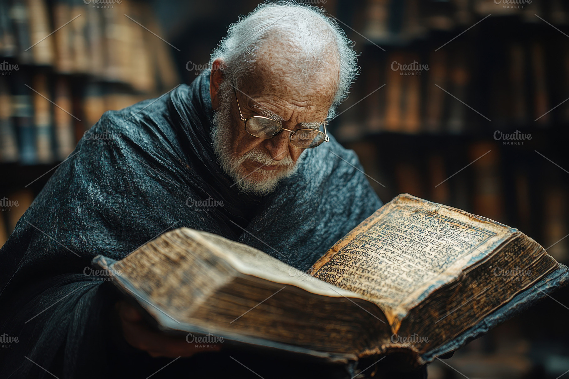 Elderly scholar studying ancient tex, a Photo by Tanuart