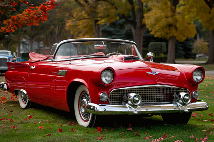 A vintage red convertible stands pro, a Photo by Tanuart