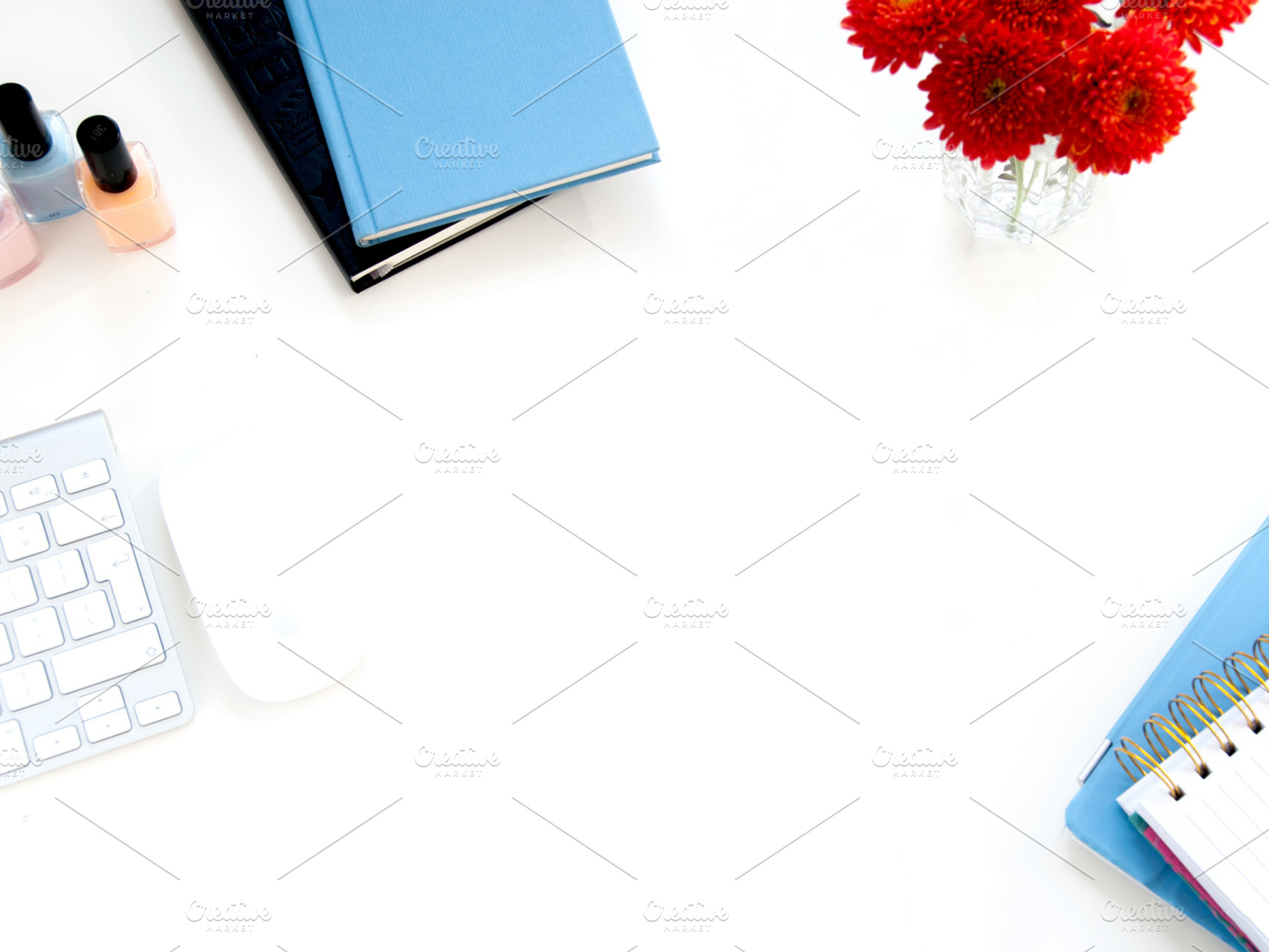 Styled stock desk photo containing keyboard, stock, and mock-up