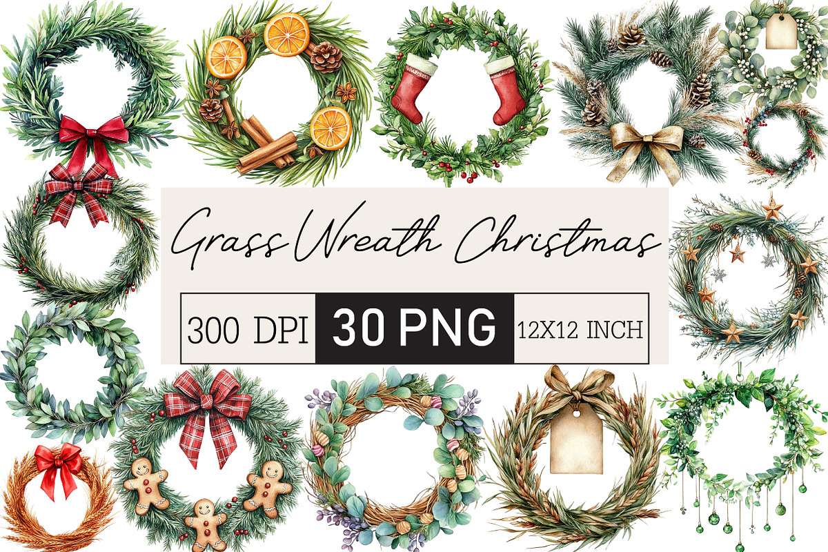 Grass Wreath Christmas Sublimation, an Illustration by Black Bird Studio (Photo 1 of 6)