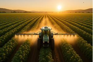 A tractor is spraying crops in a, an Animal Photo by Sergey Kotenev