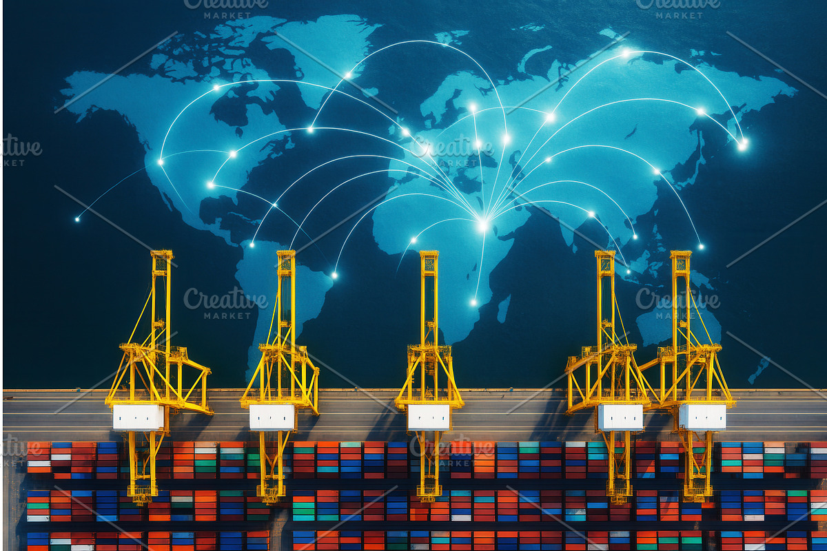 Aerial view of a container port with, a Transportation Illustration by Sergey Kotenev