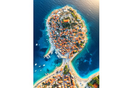 Aeriel view of old town on island