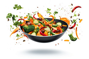 Fresh vegetables falling into pan, a Food & Drink Photo by AlyaAnd