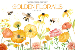 Golden Florals & Bees Clip Art