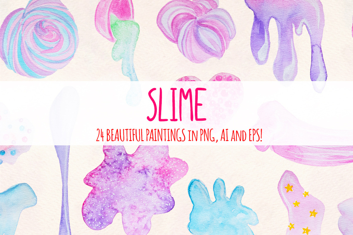 24 Fluffy Crunchy Slime Watercolors, a Decorative Illustration by Violet LeBeaux (Photo 1 of 3)
