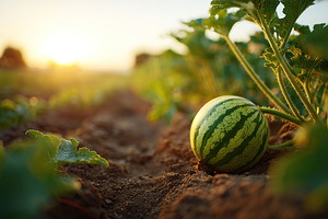 Fresh green watermelon resting in a summer field under the warm golden sunlight, a Photo by AlyaAnd