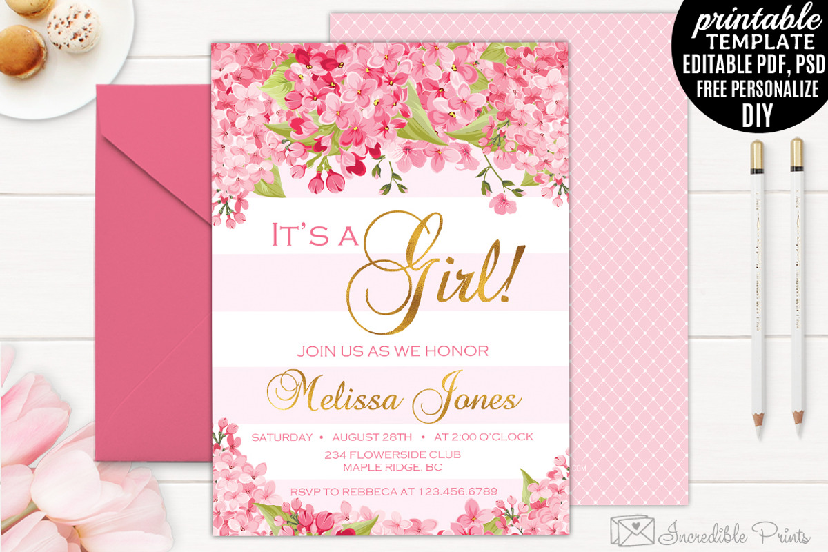 Gold And Pink Flowers Baby Shower, an Invitation Template by Blush Roses Print (Photo 1 of 2)