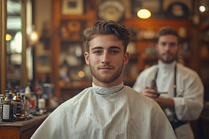 Young man receiving a stylish haircu, a Photo by Tanuart
