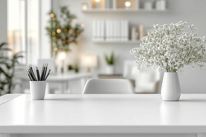 A serene workspace featuring a white desk adorned with a vase of flowers and a, a Background Photo by ImageMir