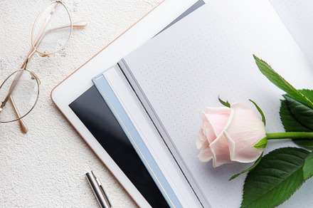 Flat lay women's office desk., a Holiday Photo by Olena Rudo