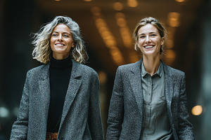 Two confident businesswomen walking through a modern office building corridor, a Business Photo by AS photostudio