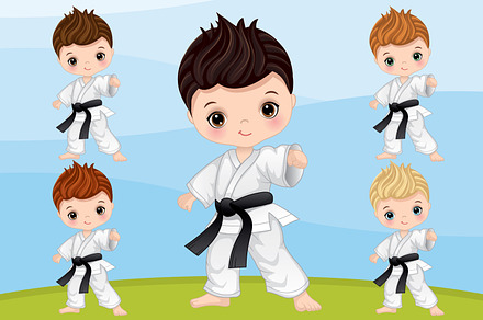 Vector Little Boy Practicing Karate