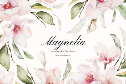 Magnolia watercolor floral set, a Decorative Illustration by Yuliia Lashevska