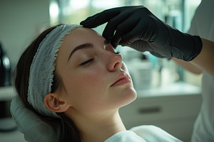 A young woman esthetic technologist receiving a facial treatment in a spa setti, a Person Photo by Textures & Backgrounds
