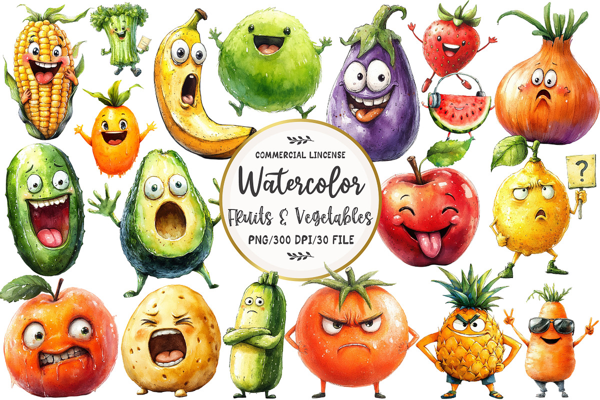 Funny Fruits & Vegetables Clipart, an Illustration by OK Design (Photo 1 of 5)