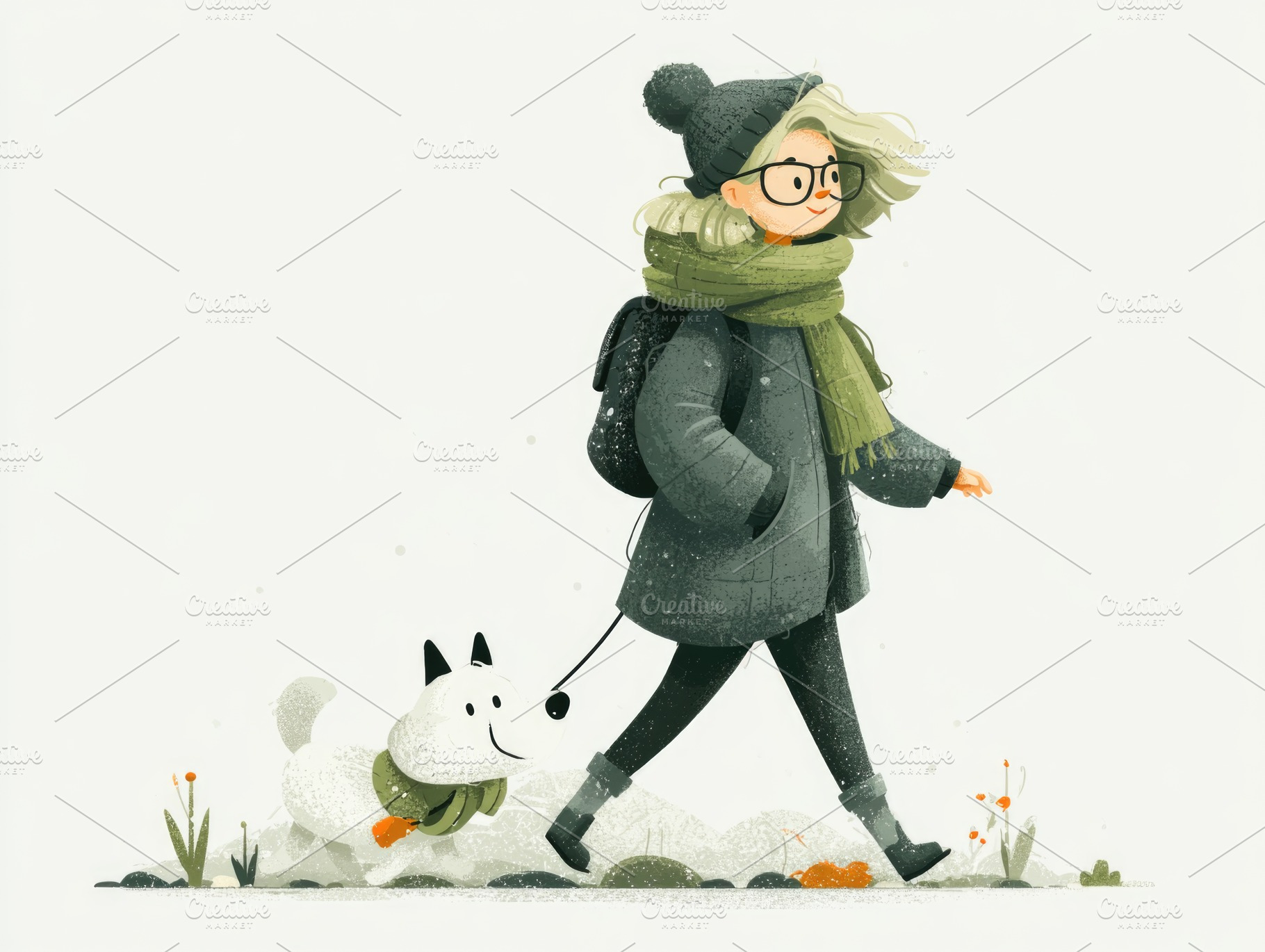 Woman walking dog in winter outdoor lifestyle illustration, a Person Photo by José Manuel Gelpi