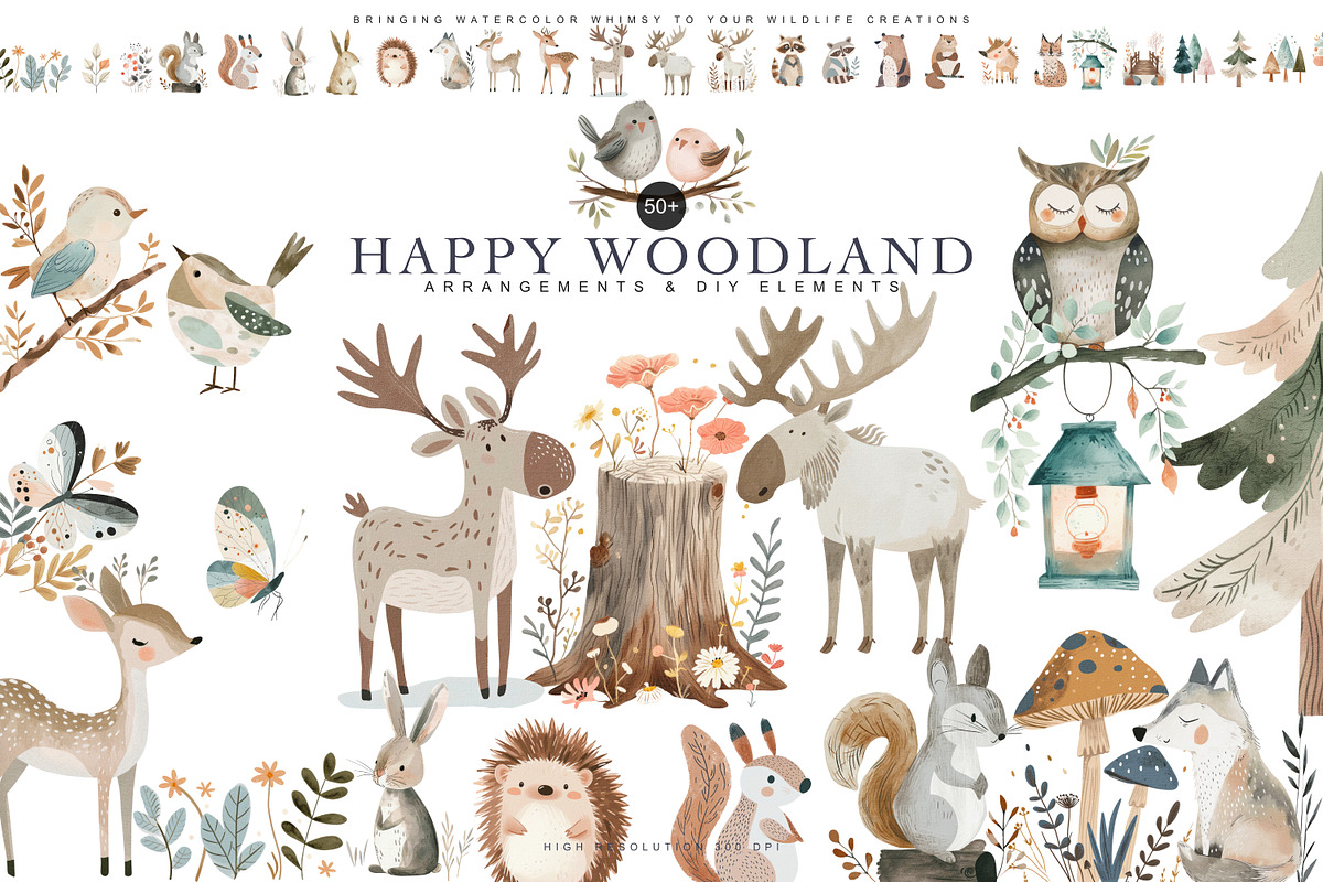 watercolor woodland animal clipart, an Animal Illustration by Pink Studio Art (Photo 1 of 14)
