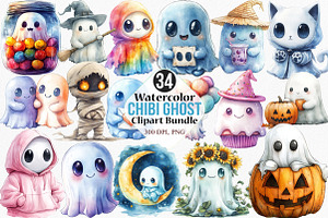 Watercolor Chibi Ghost Clipart, an Illustration by Canvas Craft